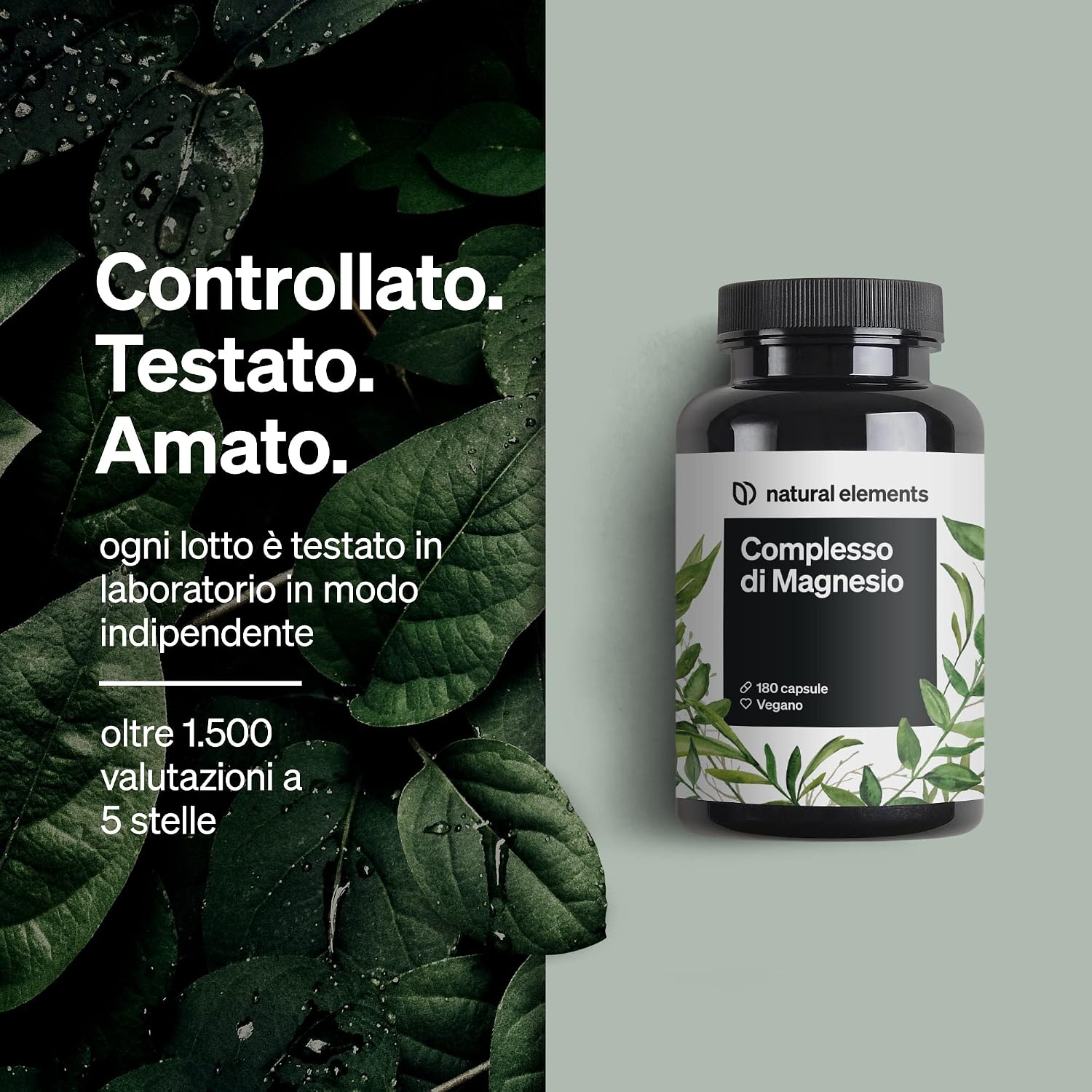 Detalle de Natural Elements Magnesio Completo – 400 mg di magnesio elementare al giorno, 5 forme (180 capsule), vegano