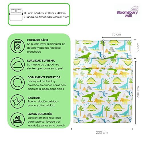 Detalle de Bloomsbury Mill Juego de Funda Nórdica 200x200 cm para Cama Infantil | Dinosaurios Jurassic