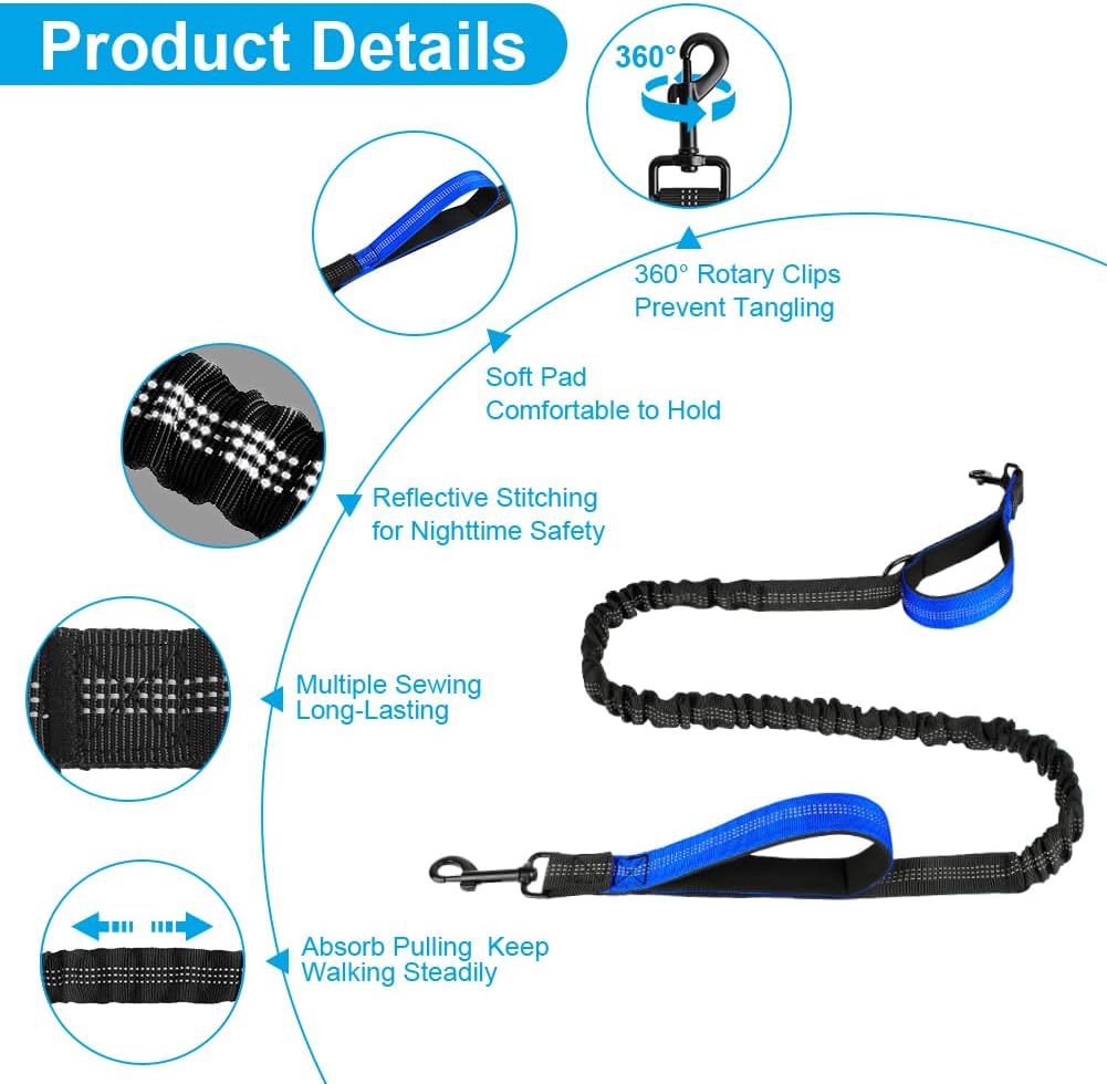 Detalle de OFFCUP Hands Free Dog Lead with Pouch (Dark Blue) – Adjustable Waist Belt, Dual Handles and Reflective Stitching