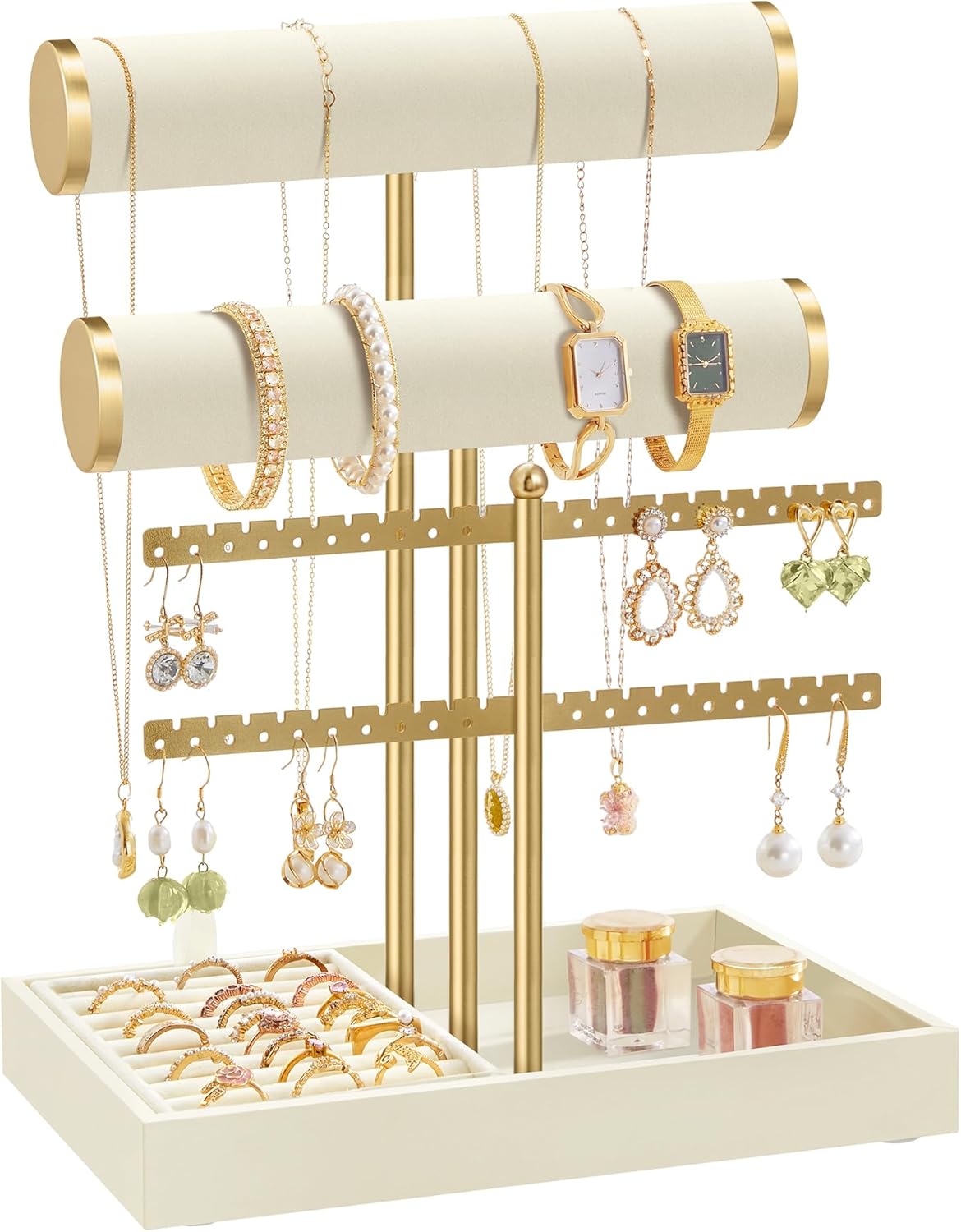 Detalle de SONGMICS Porta Bracciali JJS046W101: Porta Gioielli con 2 supporti per braccialetti, porta orecchini, vassoio velluto e portaanelli rimovibile