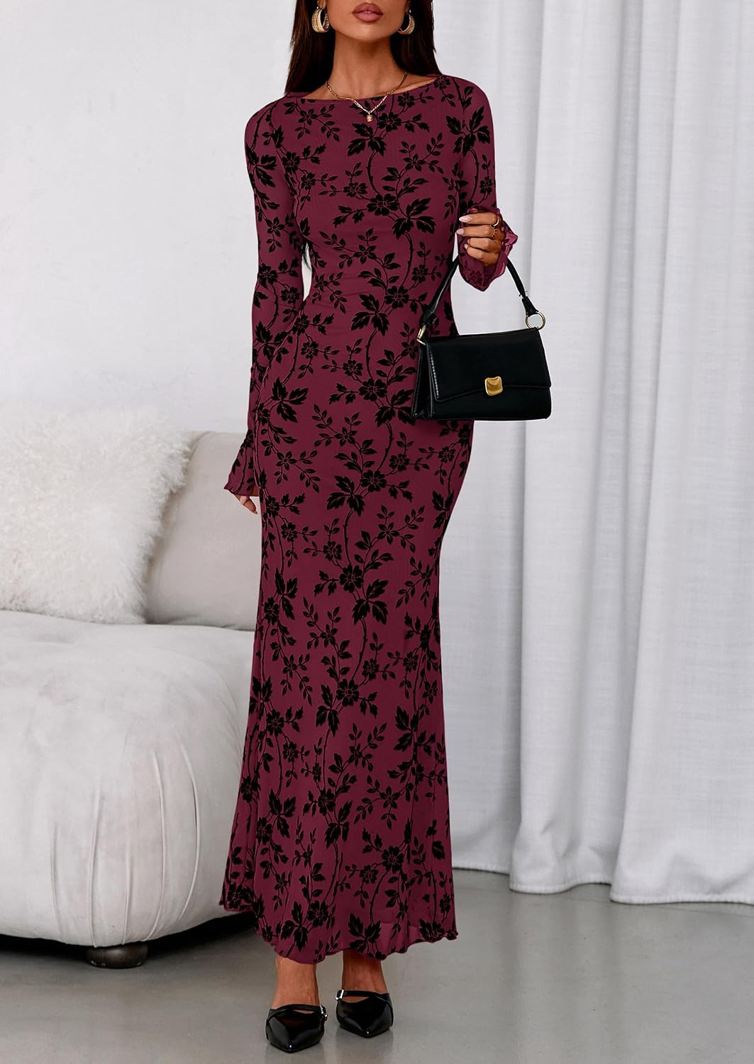 Detalle de PRETTYGARDEN Floral Bodycon Maxi Dress, Boat Neck, Long Sleeve Mesh
