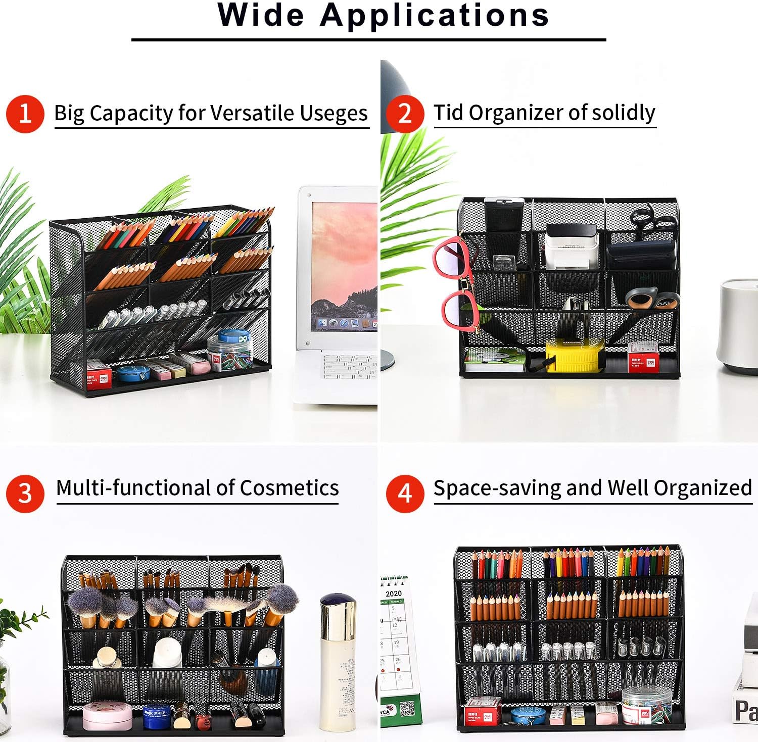 Thumbnail 4 de Marbrasse Mesh Desk Organiser with 9 compartments – multi-functional pen holder for home office & school