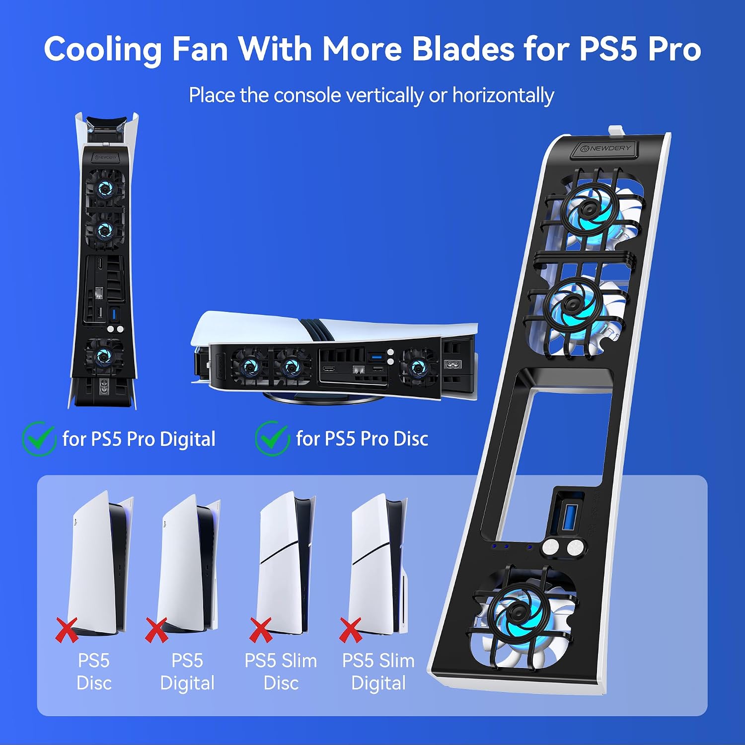 Detalle 2 de NEWDERY Lüfter für PS5 Pro Konsole – Leiser Kühler mit automatischer Drehzahlregelung, RGB-Beleuchtung und USB 3.0 Passthrough