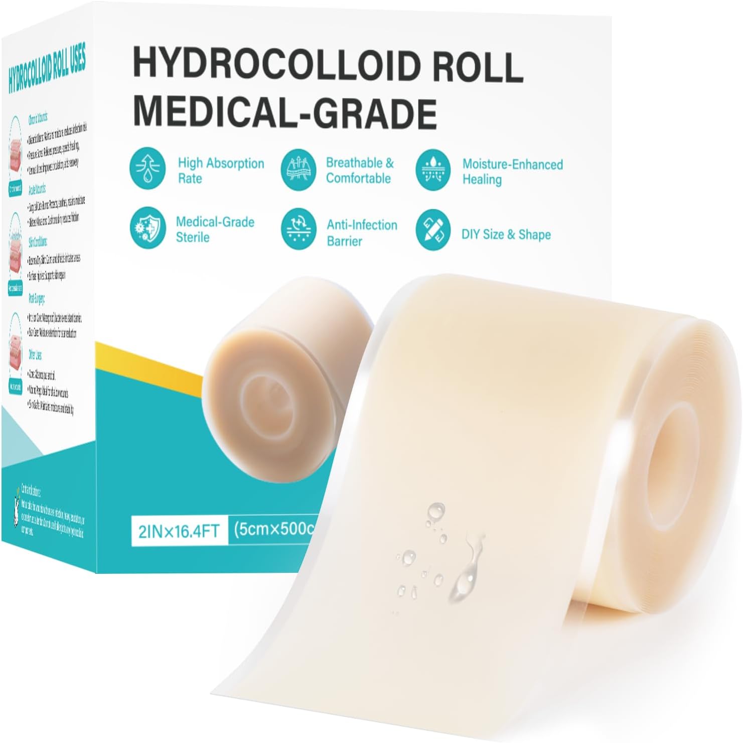 Detalle de Hydrocolloid Wound Care Roll, 2 in x 16.5 ft, Waterproof Cut-to-Size Bandage