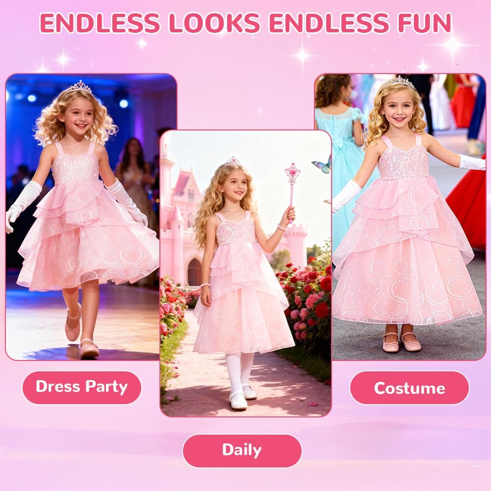 Thumbnail 4 de Costume Glinda Principessa Bambina BSBUY, abito rosa in tulle con paillettes (5-12 anni) per Halloween, carnevale e cosplay
