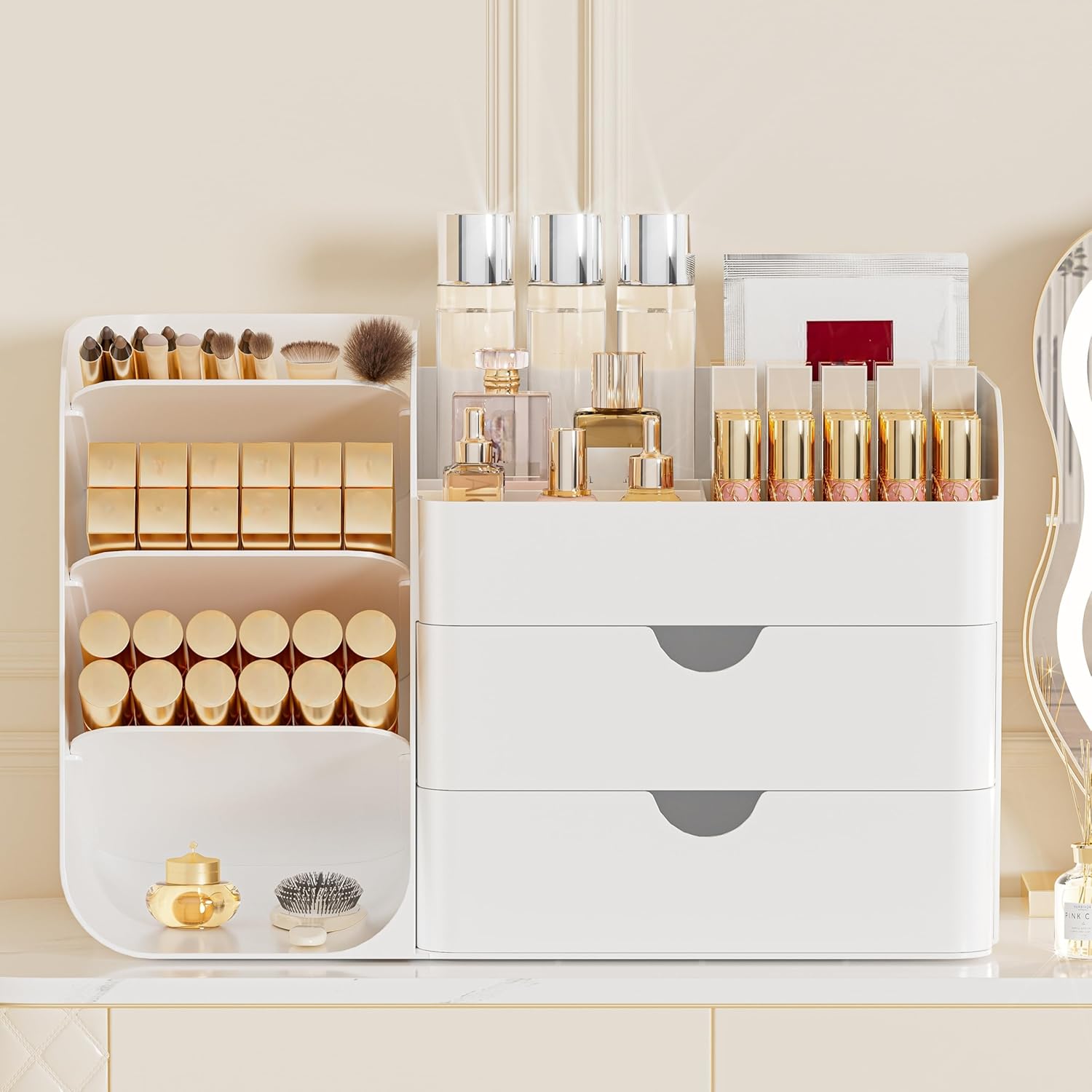 Detalle de FYABREEK Makeup Organizer with 2 M Drawers & Brush Holders (All White, M)