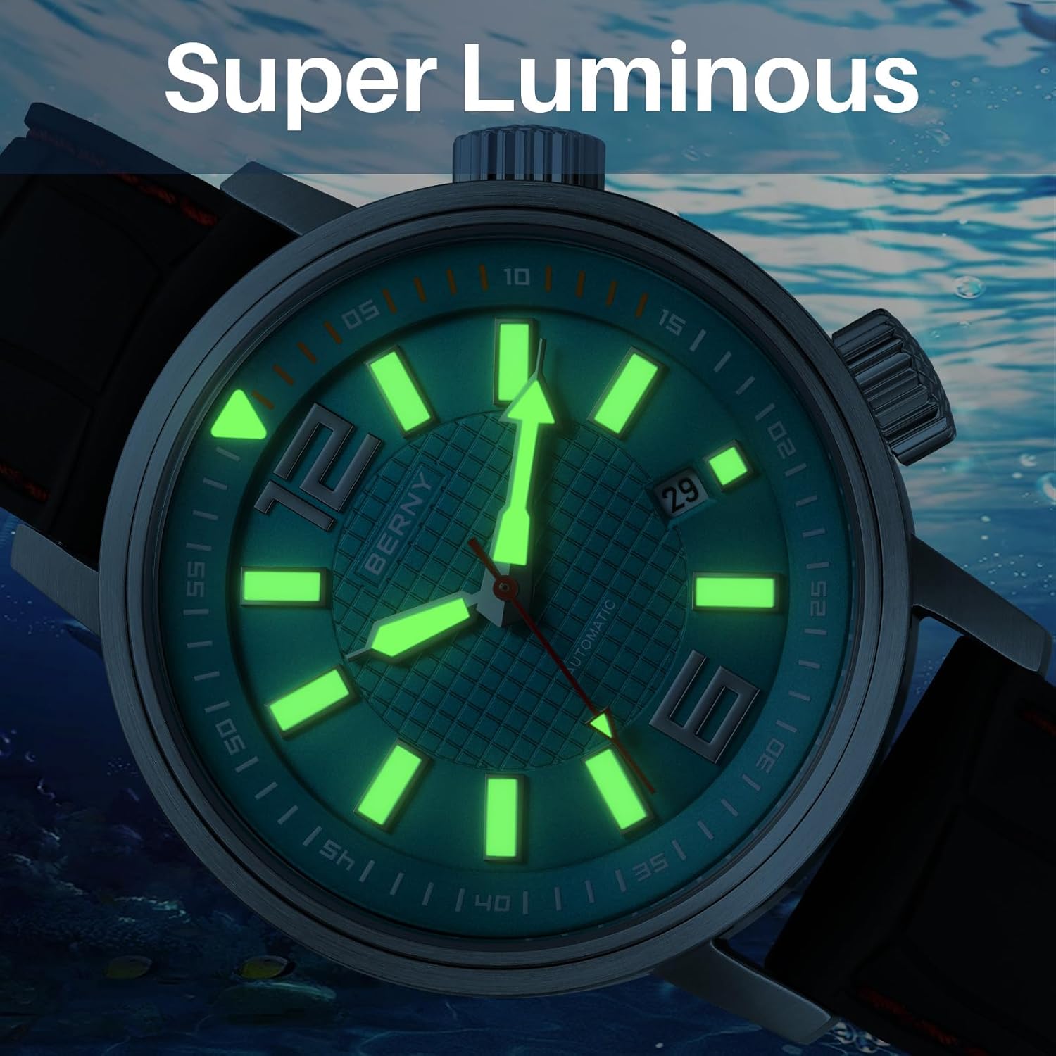 Thumbnail 4 de BERNY Unterwasser Automatikuhr für Herren: Miyota 8215, 20 ATM, Saphirglas & Fluorokautschuk — lumineszent