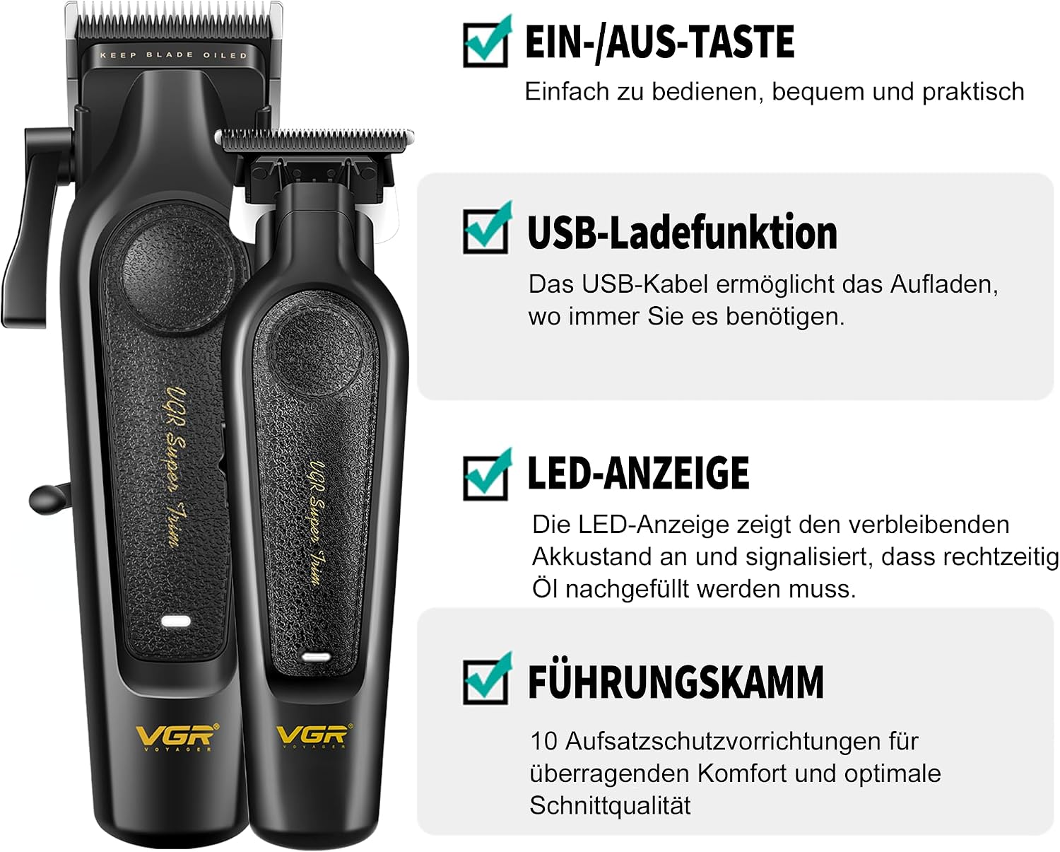 Thumbnail 1 de VGR 197 & 995 Profi Haarschneidemaschine Set – Kabelloses Metall- und Keramikklingen-System, 10 Aufsteckkämme, LED-Anzeige