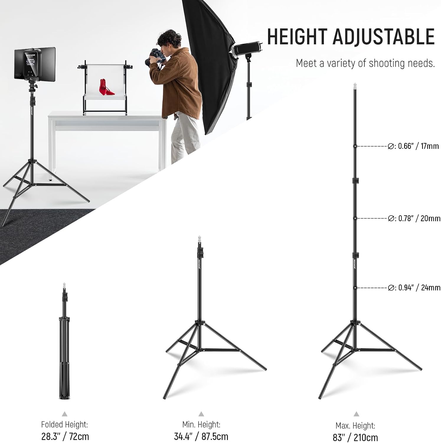 Detalle de Neewer 7 pieds de studio en aluminium (2 supports) – Hauteur réglable jusqu’à 210 cm, charge 2,5 kg