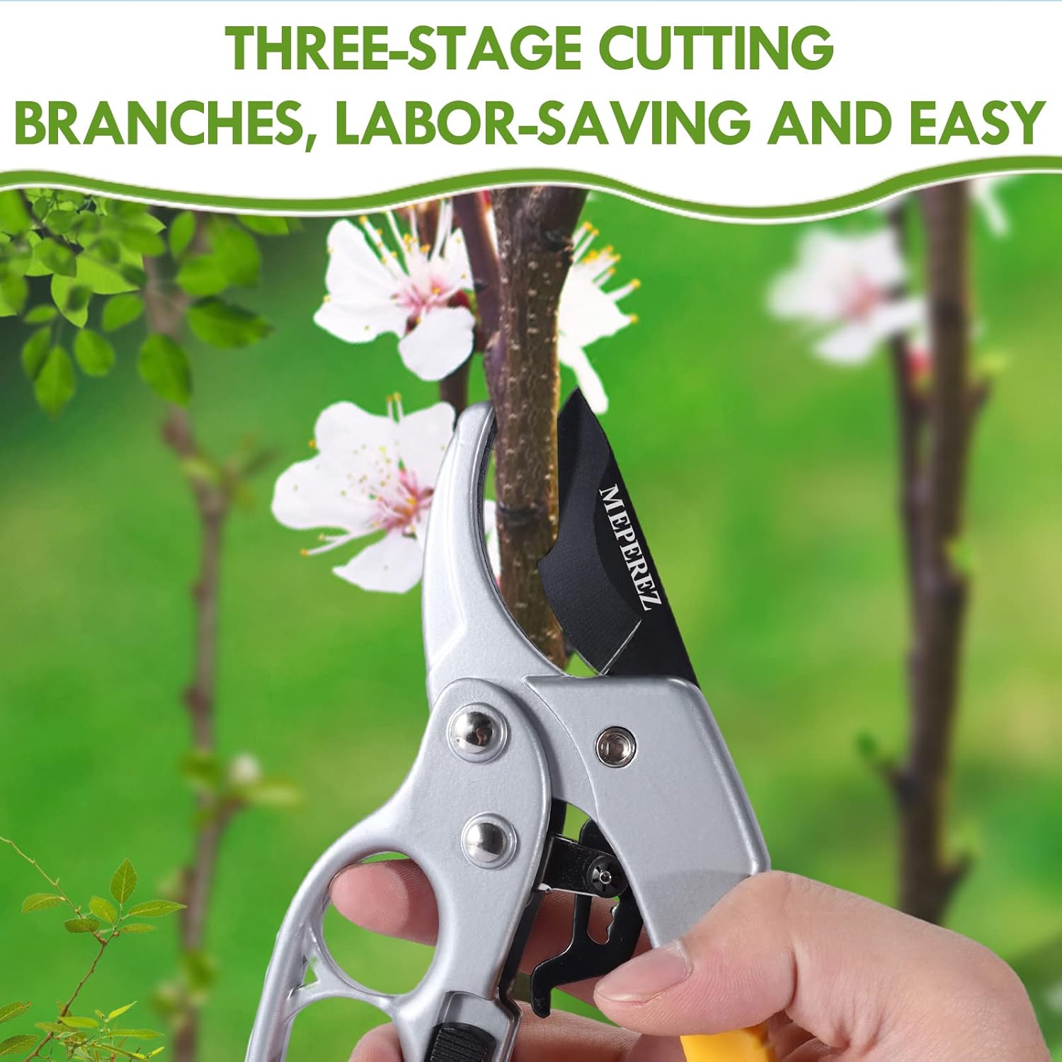 Detalle de MEPEREZ Yellow Pruning Shears, Ratcheting Design, 1-Inch Cutting Capacity
