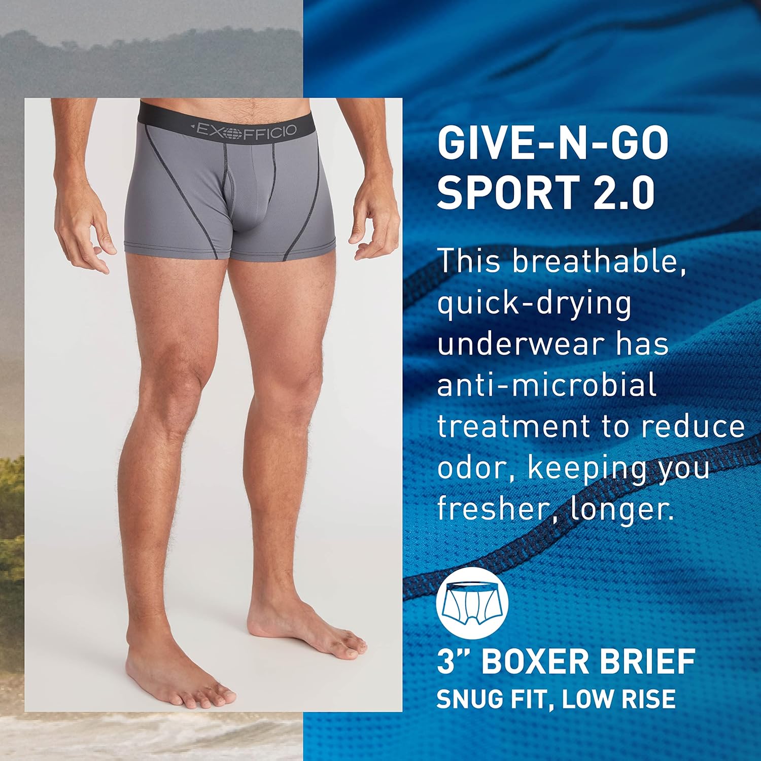 Detalle de ExOfficio Men's Give-N-Go 2.0 Sport Mesh Boxer Brief 3" — Ultralight, Travel-Ready Underwear