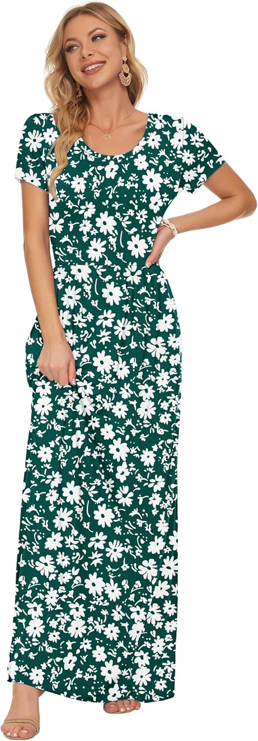 Detalle de AUSELILY Damen Kurzarm Sommer Casual Long Maxi Kleider mit Taschen