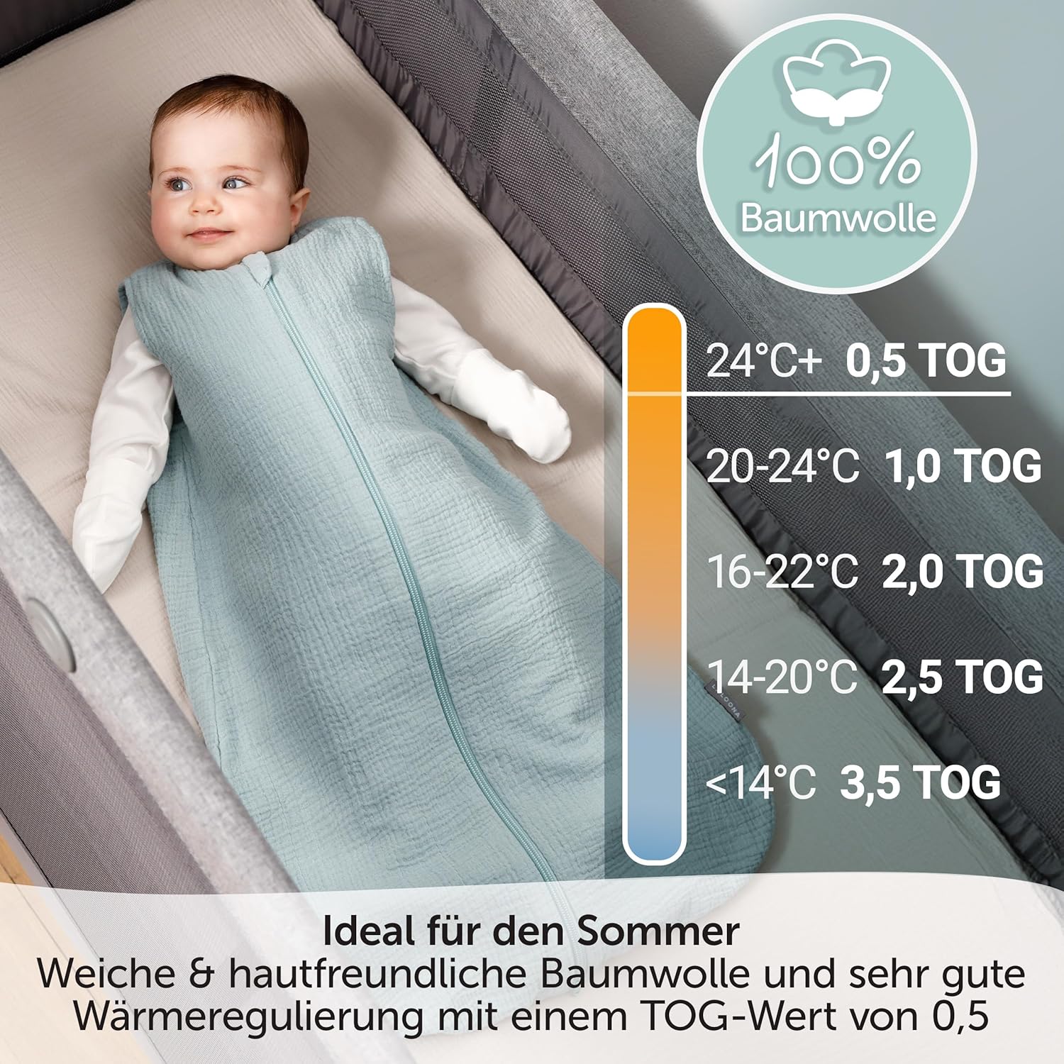 Detalle 2 de LaLoona Sommerschlafsack Mull, ärmellos – leichter Baumwoll-Schlafsack für Sommer und Frühling (0,5 TOG)