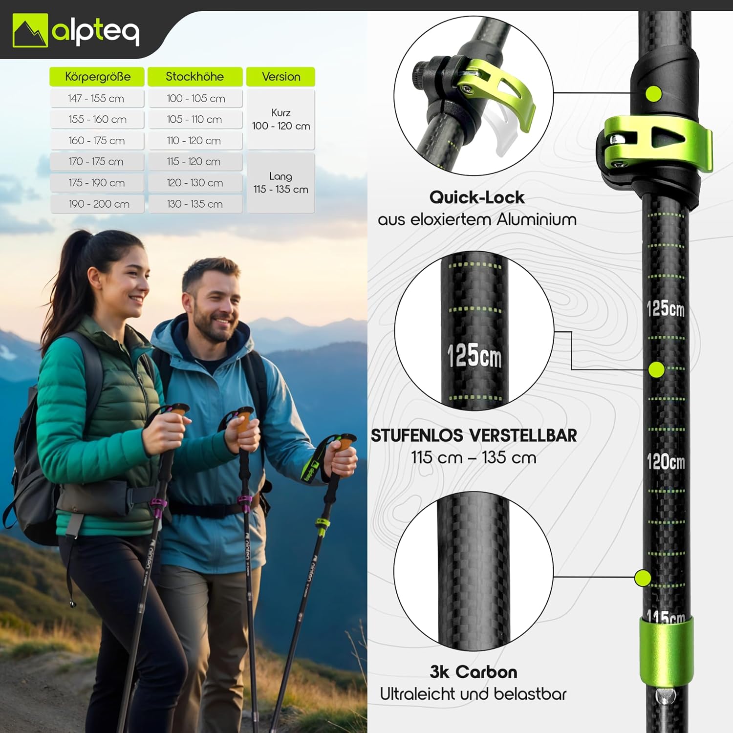 Thumbnail 5 de Alpteq Wanderstöcke faltbar Carbon oder Aluminium mit Korkgriff – leichte, kompakte Trekking- und Nordic-Walking-Stöcke