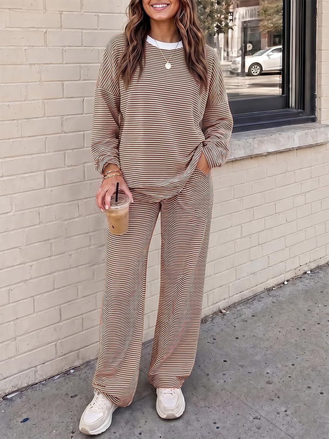 Detalle 1 de Fisoew Women's Striped Cotton Lounge Set with Long-Sleeve Top and Wide-Leg Pants