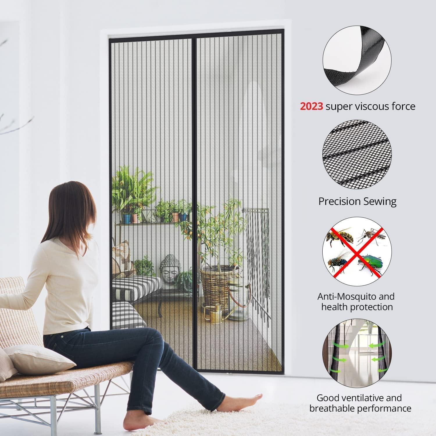 Detalle de MYCARBON moustiquaire porte-fenêtre aimantée 140 x 220 cm en maille ultra résistante, fermeture magnétique (noir)