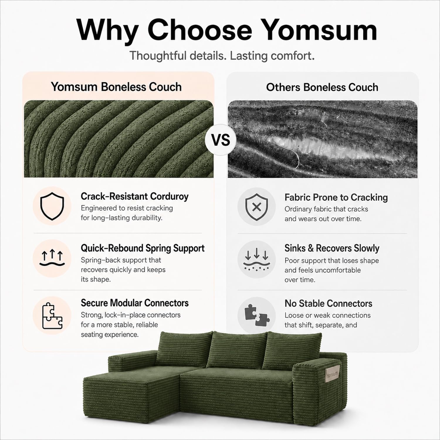 Detalle 2 de Yomsum SF658Green-R 96-Inch Modular Sectional Sofa, Green Corduroy, Right-Facing Chaise