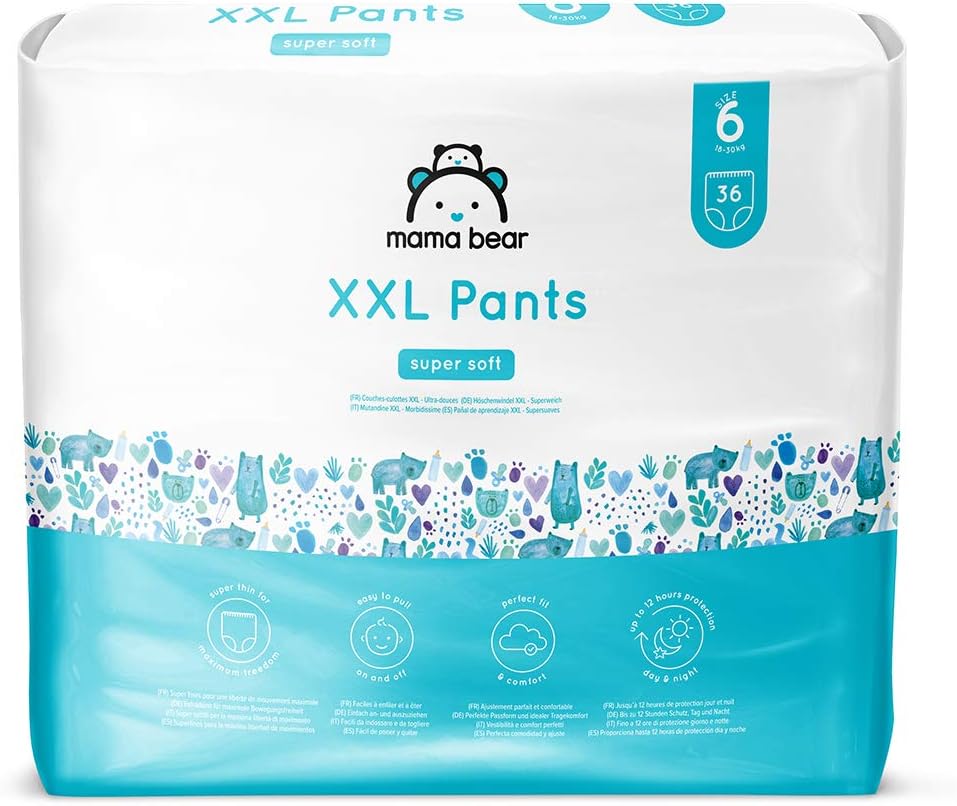 Detalle de Mama Bear Höschenwindeln XXL Größe 6 (18-30 kg) – 72 Stück (2 Packungen mit 36) – extradünn, passgenau und nachhaltig