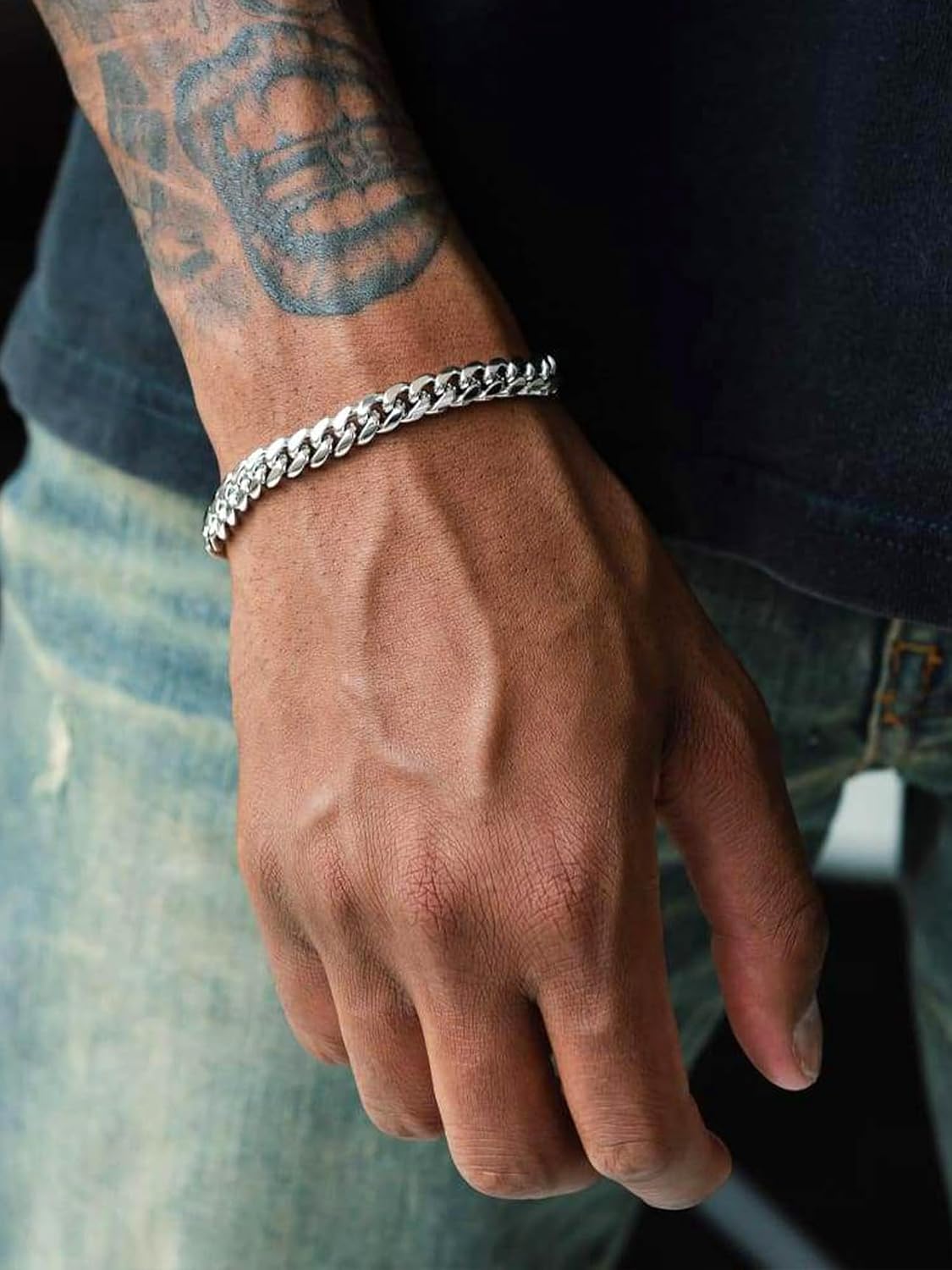 Detalle de Bestyle Herren-Armband aus Edelstahl mit Cuban-/Panzerkette (5/7/9/12,5 mm) in Silber/Schwarz/Gold