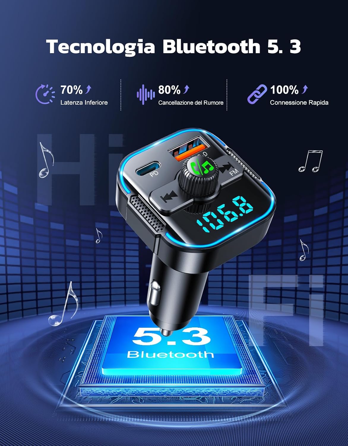 Thumbnail 2 de Glangeh Trasmettitore FM Bluetooth 5.3 per Auto con ricarica rapida PD 45W/QC 36W, doppi microfoni e vivavoce
