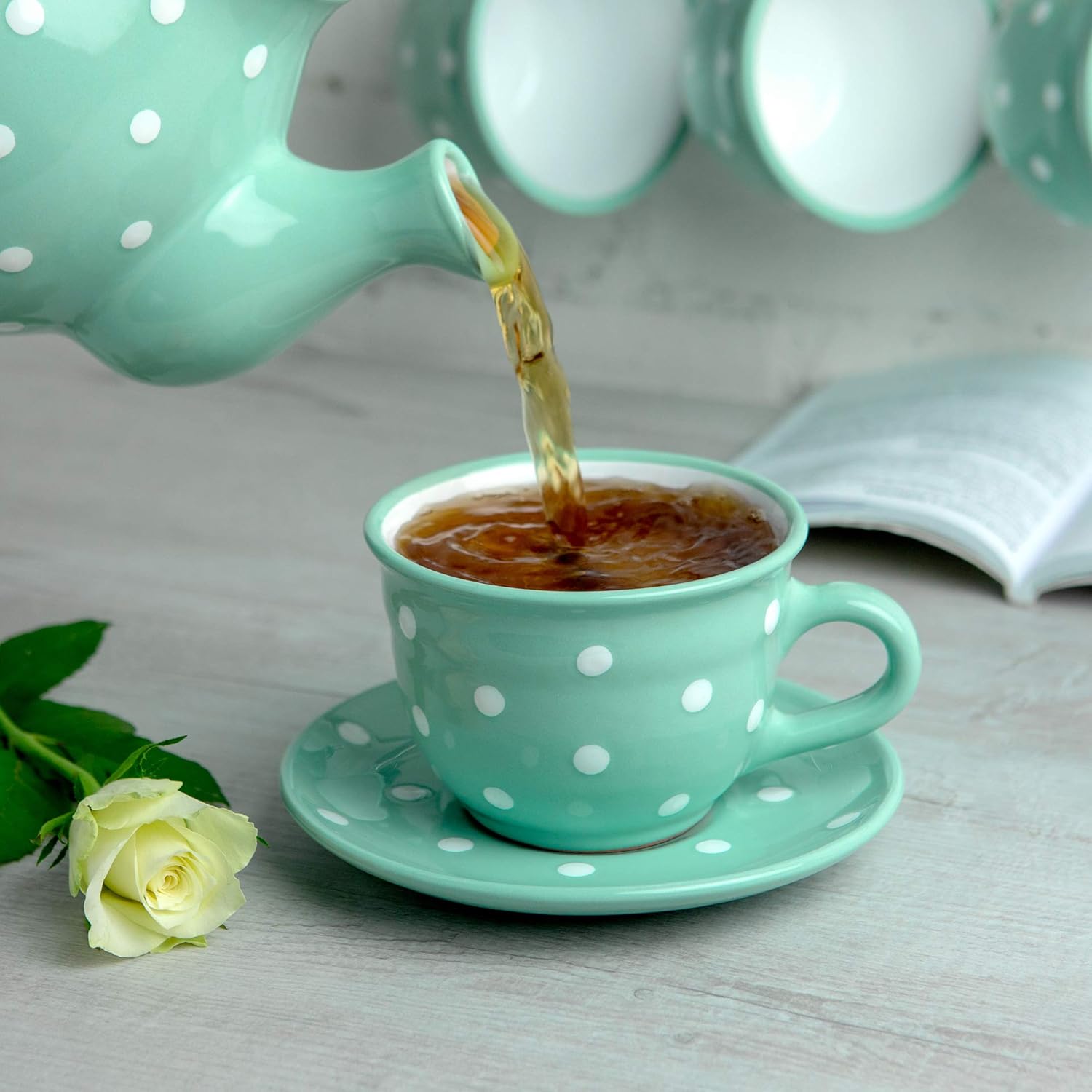 Detalle 2 de City to Cottage Teal Blue and White Polka Dot Spotty – Large Hand Painted Ceramic Cup with Saucer (12oz/350ml)