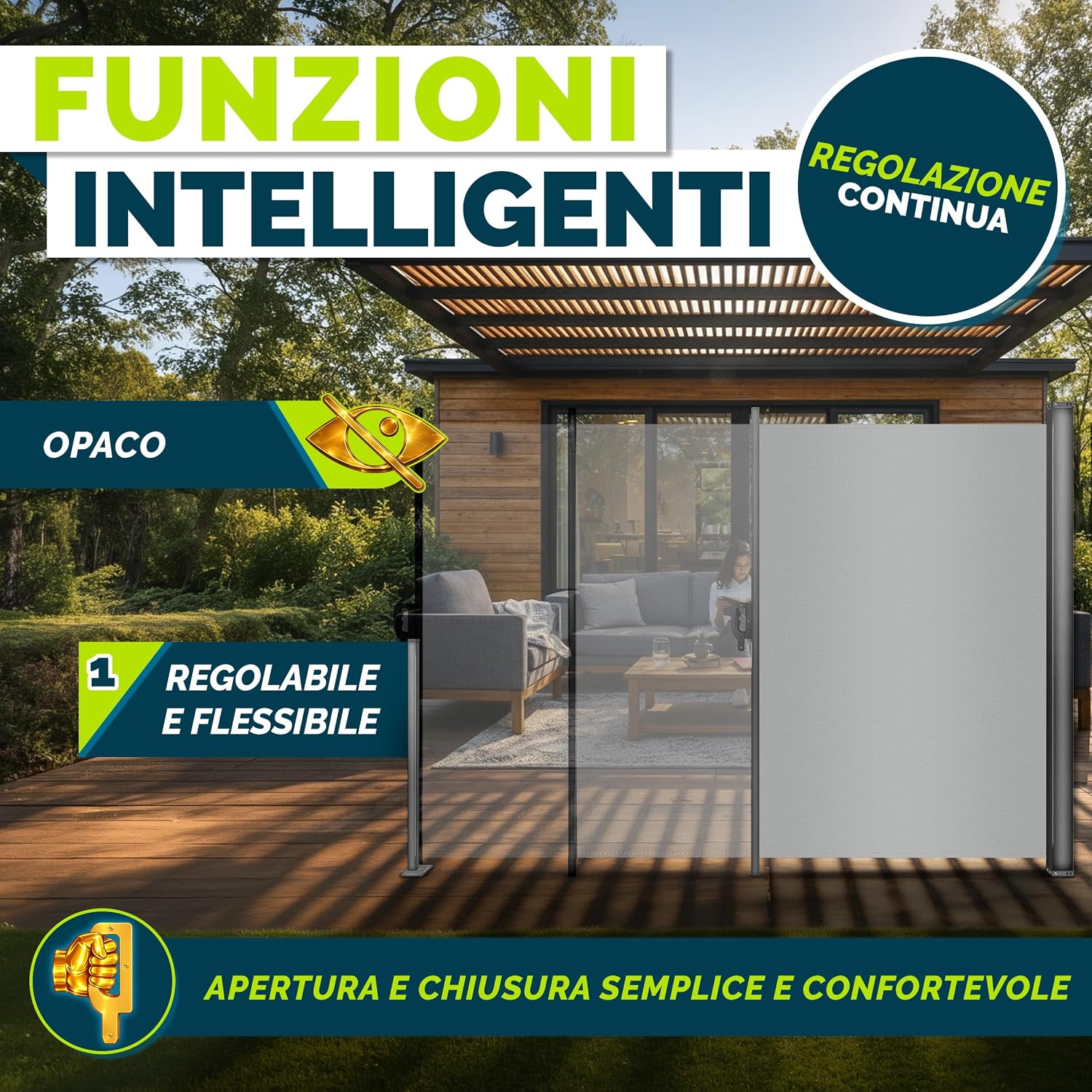 Detalle 2 de tillvex® Tenda laterale estensibile e oscurante 200 x 400 cm — protezione solare, privacy e anti-vento per balcone, giardino e terrazzo