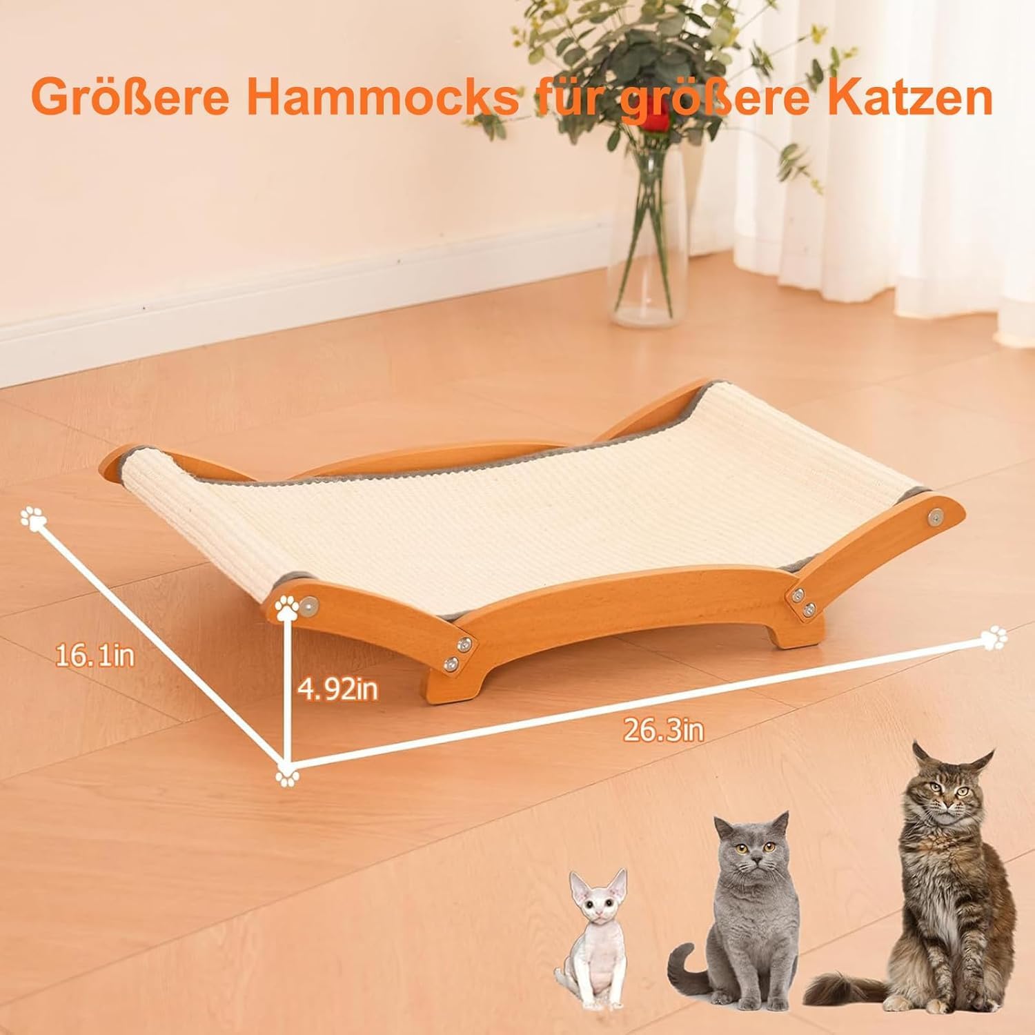 Thumbnail 2 de Extra-Larger Sisal Cat Scratcher Bed with Hammock – Durable Beech Wood Frame