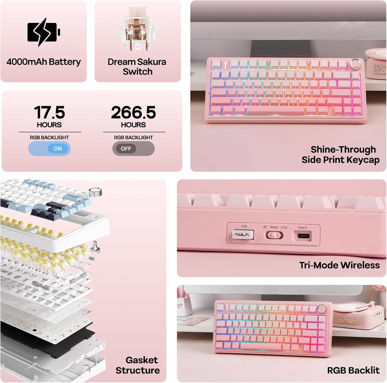Thumbnail 2 de EPOMAKER X Aula F75 75% Wireless Gaming Keyboard (Pink) — Compact, Quiet, and Fully Customizable
