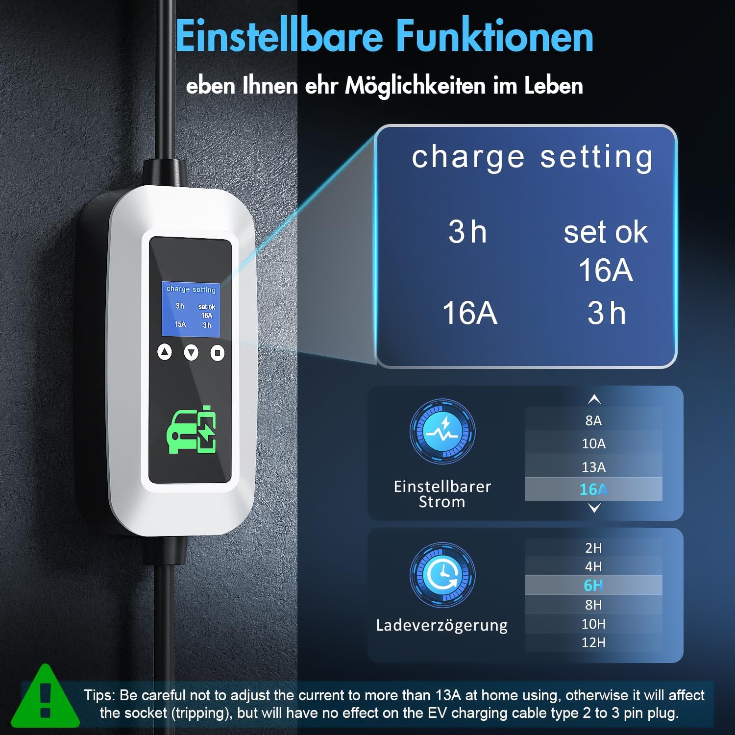 Detalle de FNITAER EV Ladekabel Typ 2 3.68kW – 6 m, 1-Phasig, Timer, Display und Zubehör