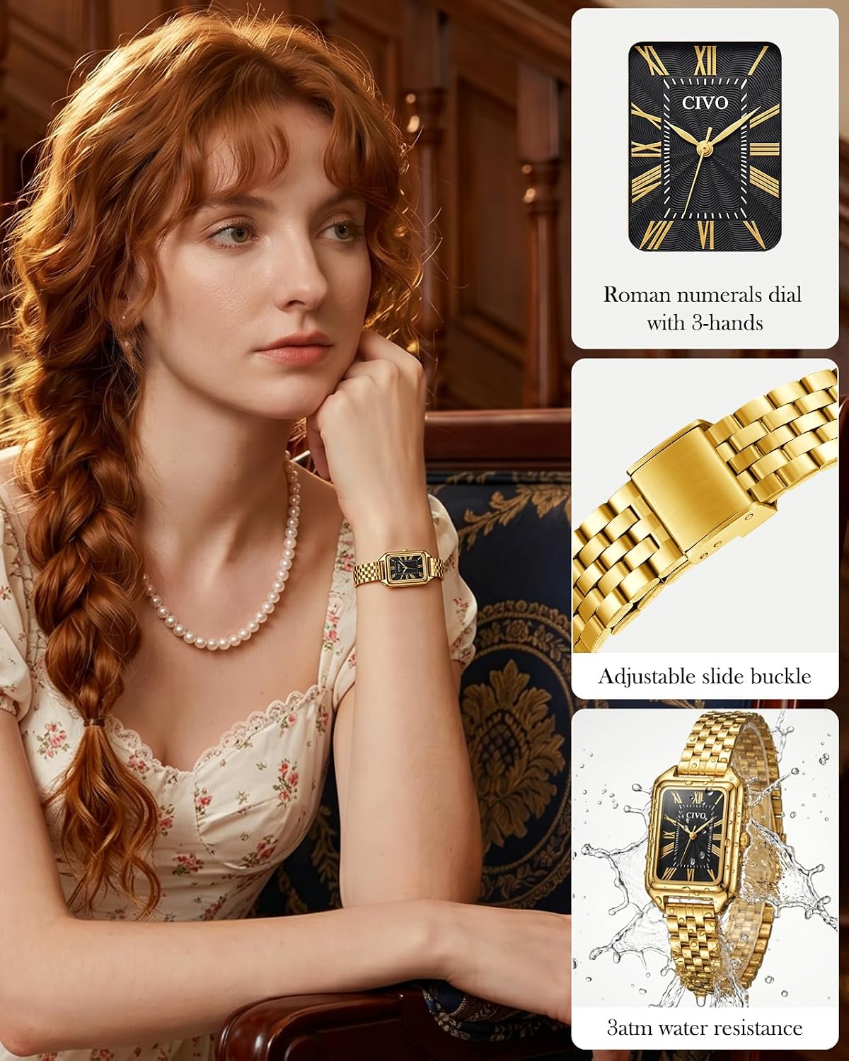 Detalle 2 de CIVO Vintage Armbanduhr Damen – Rechteckiges Gehäuse, Gold/ Silber Edelstahl, Analoge Damenuhr