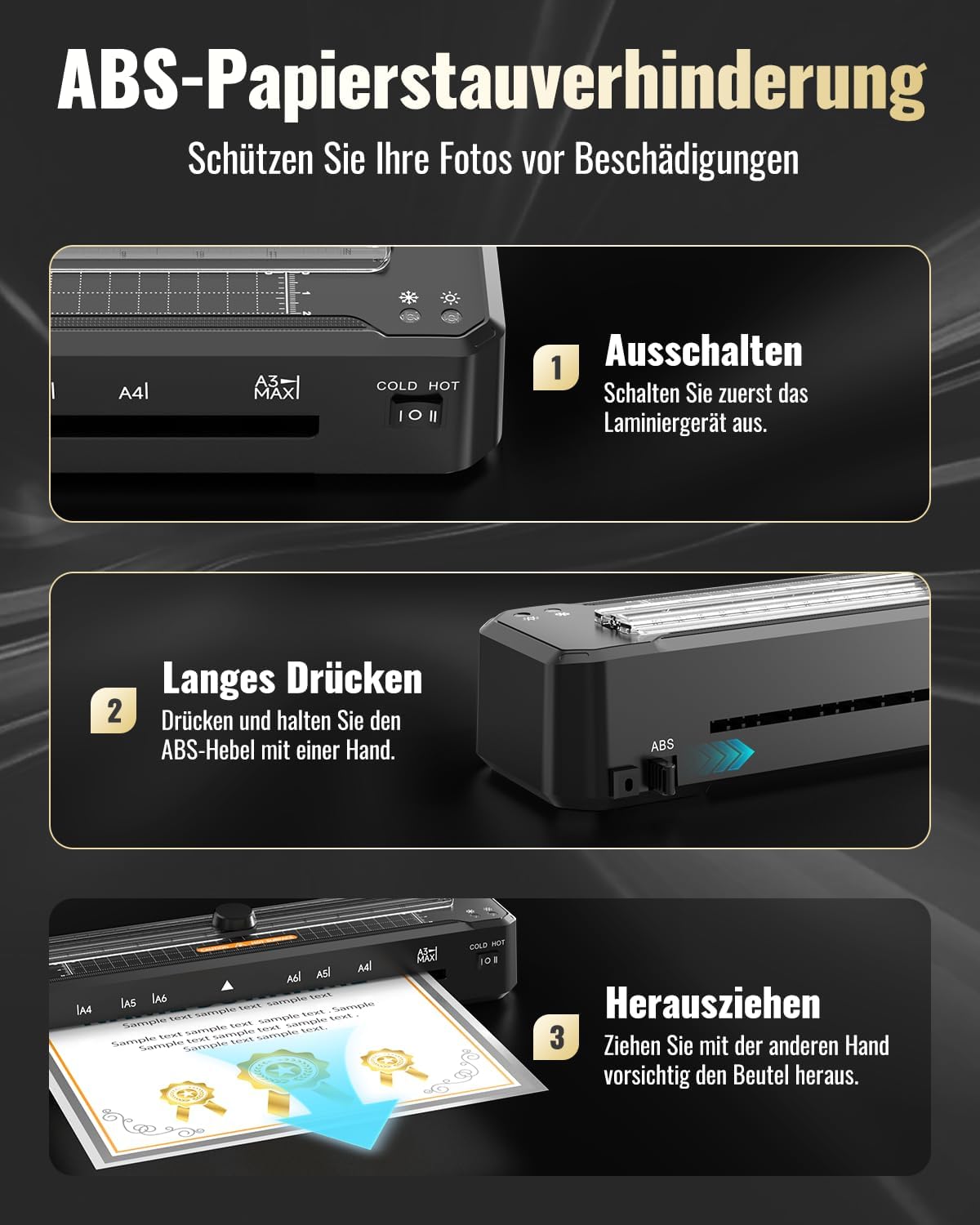 Detalle 2 de Laminiergerät A3 für A3–A7 mit Papierschneider, Eckrunde und ABS-Anti-Stau – Heiß & Kalt