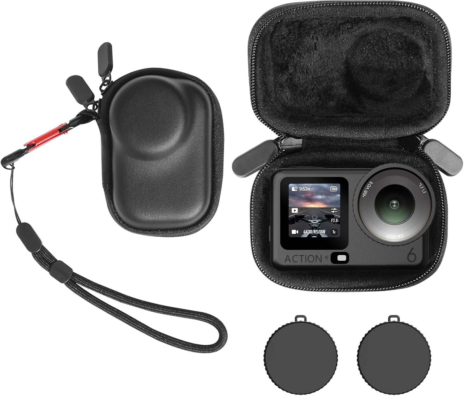 Detalle de AMAZEAR Tragetasche für DJI OSMO Action 6 – kompakte Hartleder-Mini-Tasche mit Innenfutter und 2 Silikon-Objektivkappen