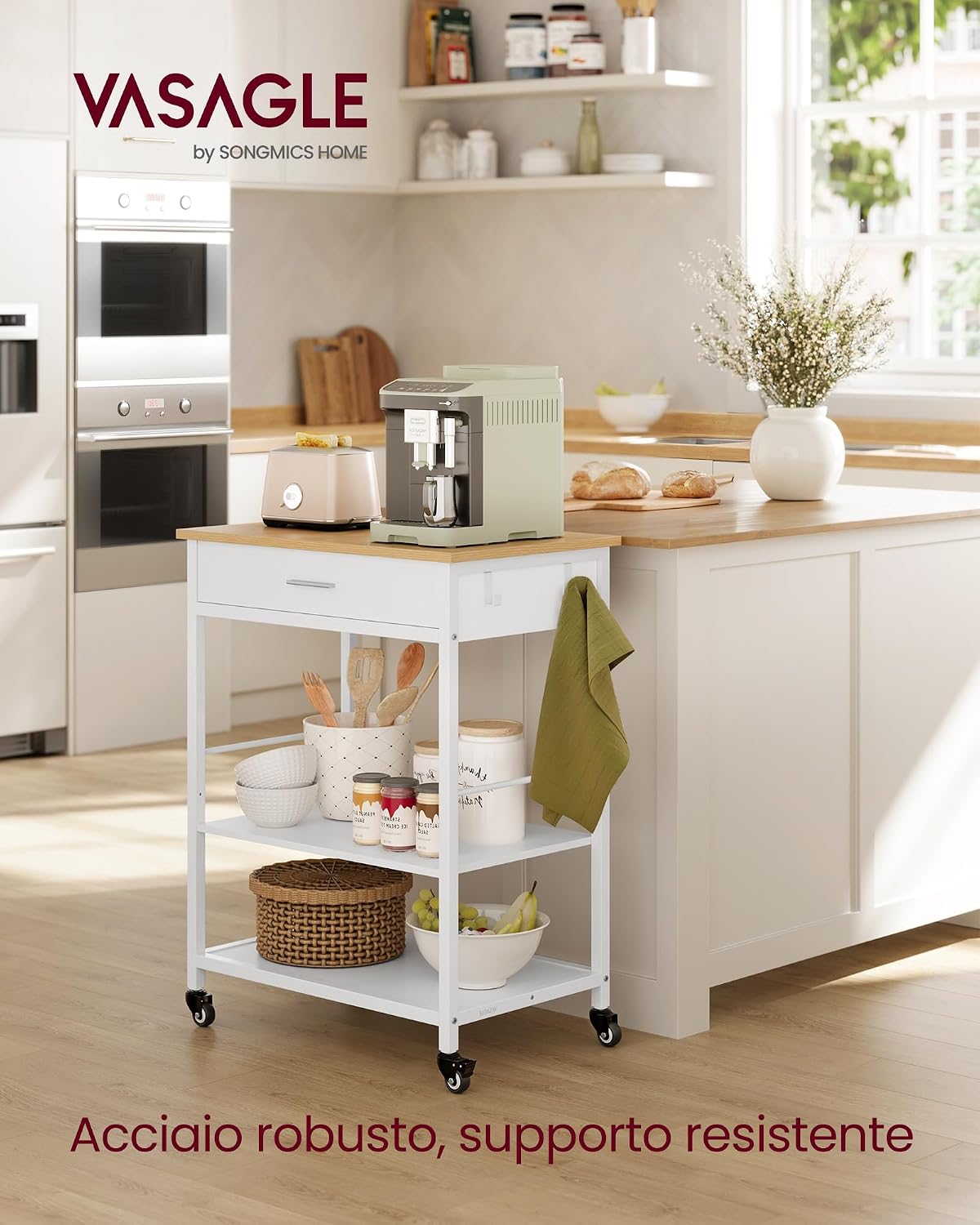 Thumbnail 1 de VASAGLE Isola da Cucina Mobile con Ruote KKI007Y01 – Rovere Beige e Bianco Opaco