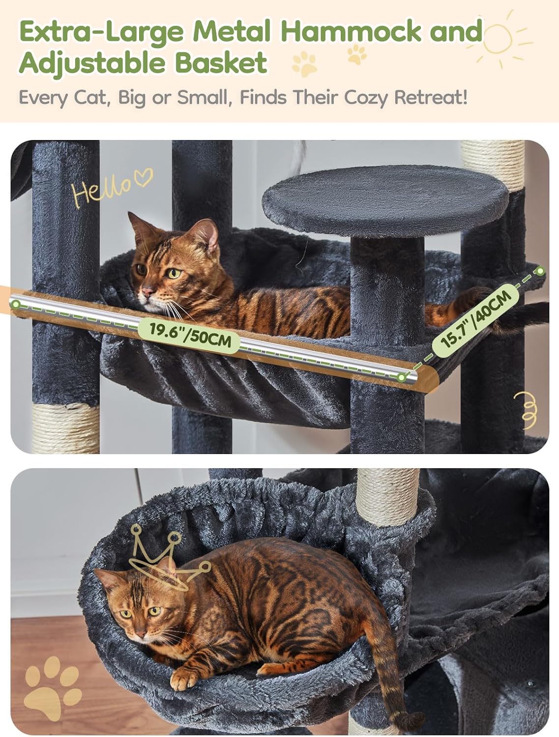 Detalle de Taoqimiao MS047G Cat Tree (193 cm) with 7 Sisal Scratching Posts, Multi-level Condos and Metal Hammock