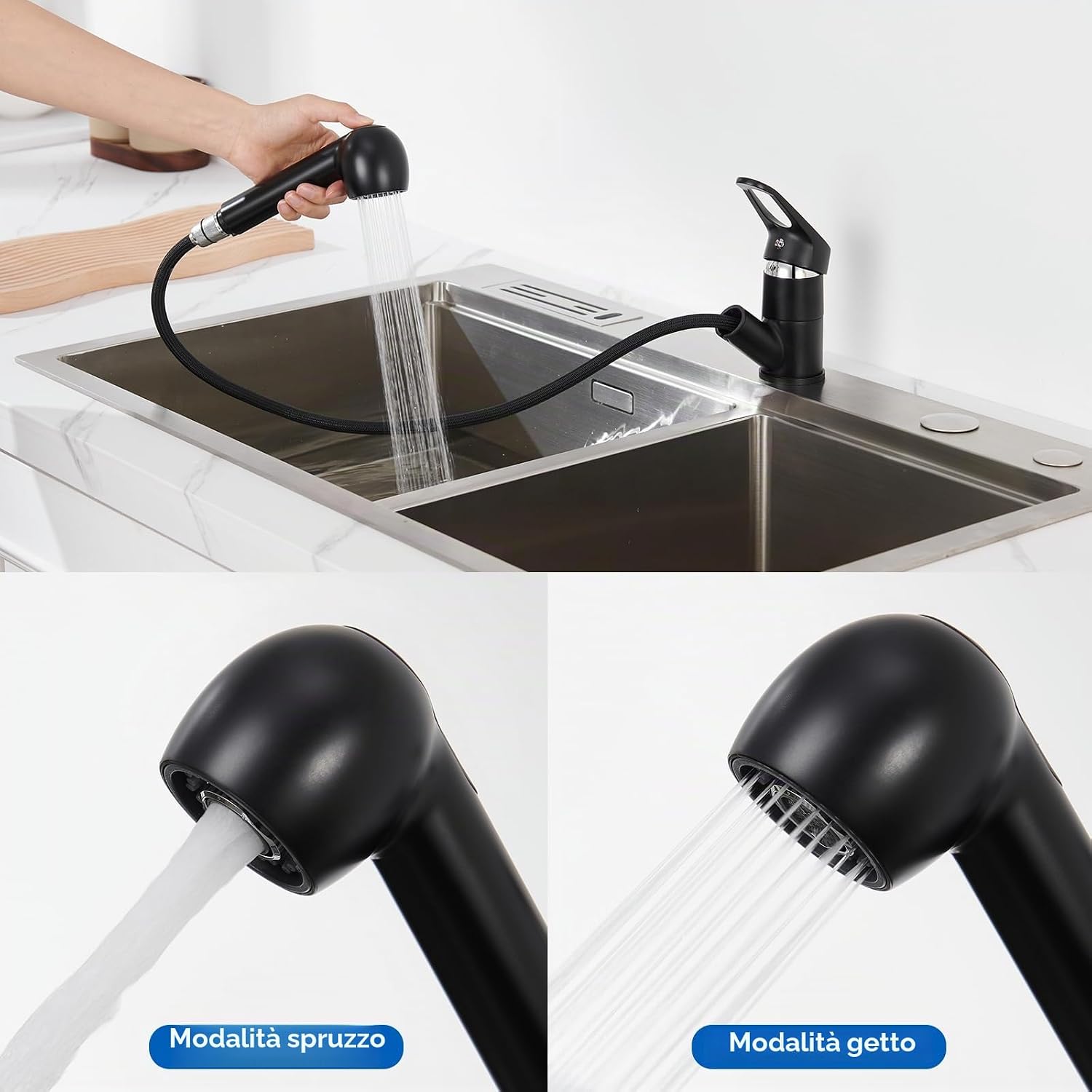 Thumbnail 1 de AuraLum Rubinetto cucina doccetta estraibile nero moderno, monocomando girevole 360° con 2 getti