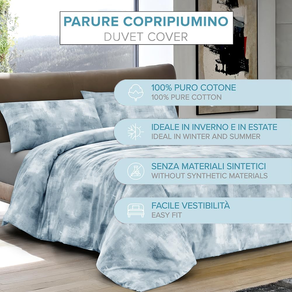 Thumbnail 3 de Dorian Home – Parure de lit 1 place et demie 200 x 210 cm, coton doux, Nebula Bleu, fabrication italienne