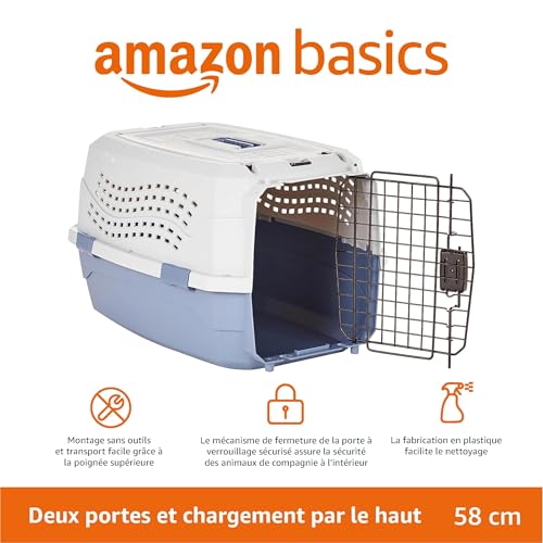 Detalle de Amazon Basics caisse à animal domestique à deux portes, chargement par le haut – bleu (L58 x l38 x H33 cm)