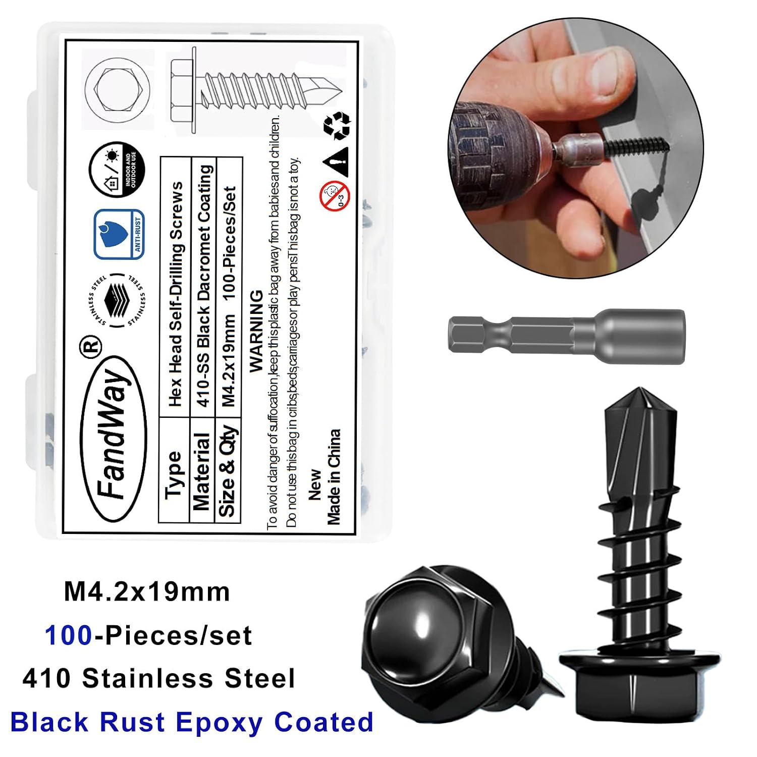 Detalle 2 de FandWay 100x Trapezblechschrauben M4,2 x 19 mm aus Edelstahl 410 (schwarz) inkl. 1 Bit