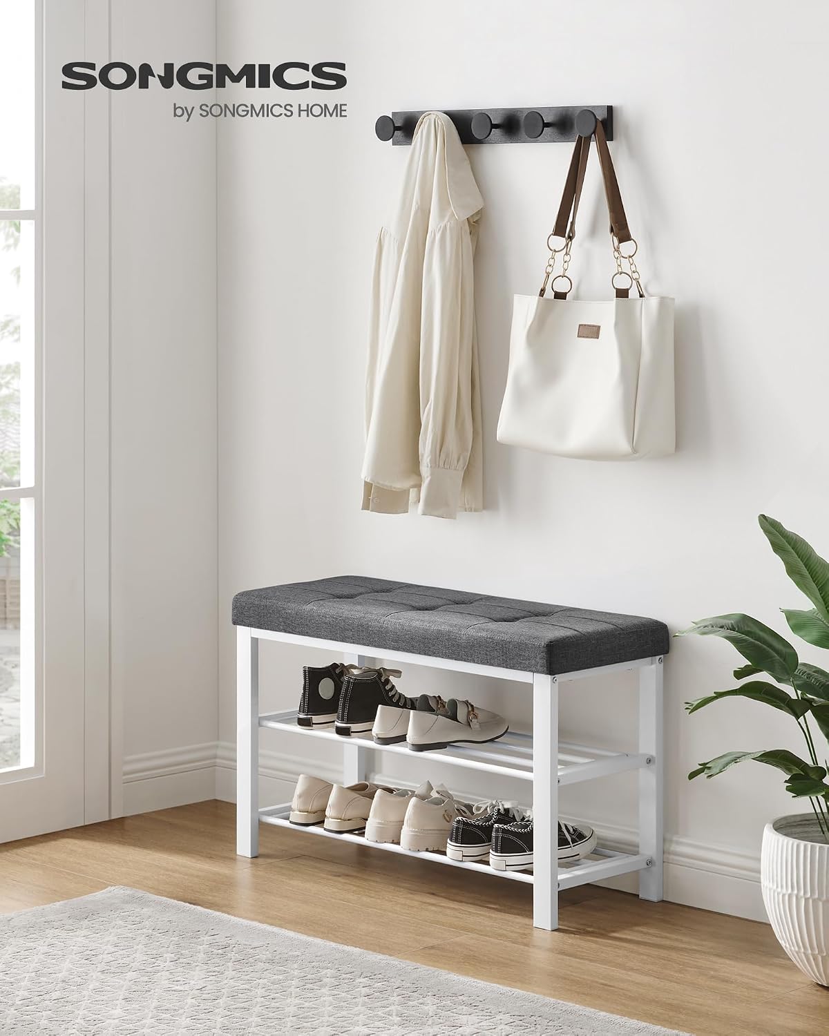 Detalle de SONGMICS Panca scarpiera con sedile imbottito e scaffale a 3 ripiani LBS579B01 (grigio scuro e nero)