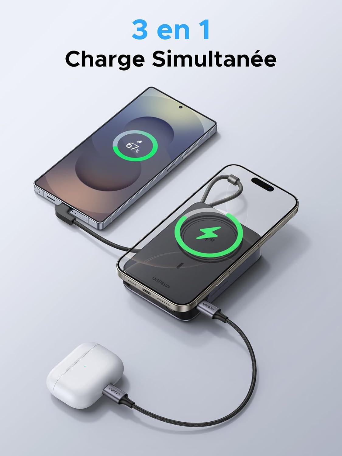 Thumbnail 5 de UGREEN Nexode Qi2 15W Batterie Externe 10000mAh avec câble intégré et support pliable – Charge rapide et MagSafe
