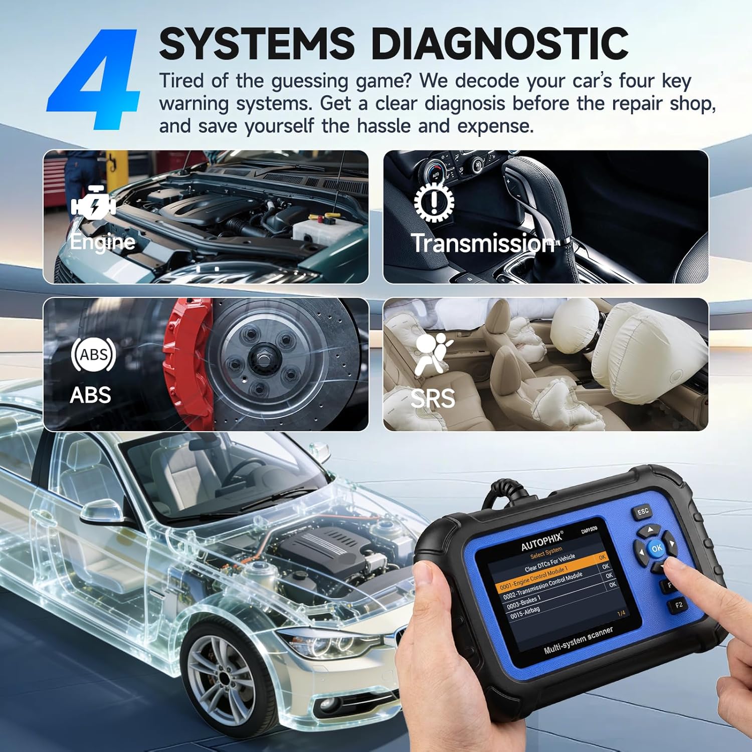 Detalle de AUTOPHIX 4 Systems Car Diagnostic Tool: DM5900 4‑System OBD2 Scanner, 12V Battery Tester and Bluetooth Engine Reader