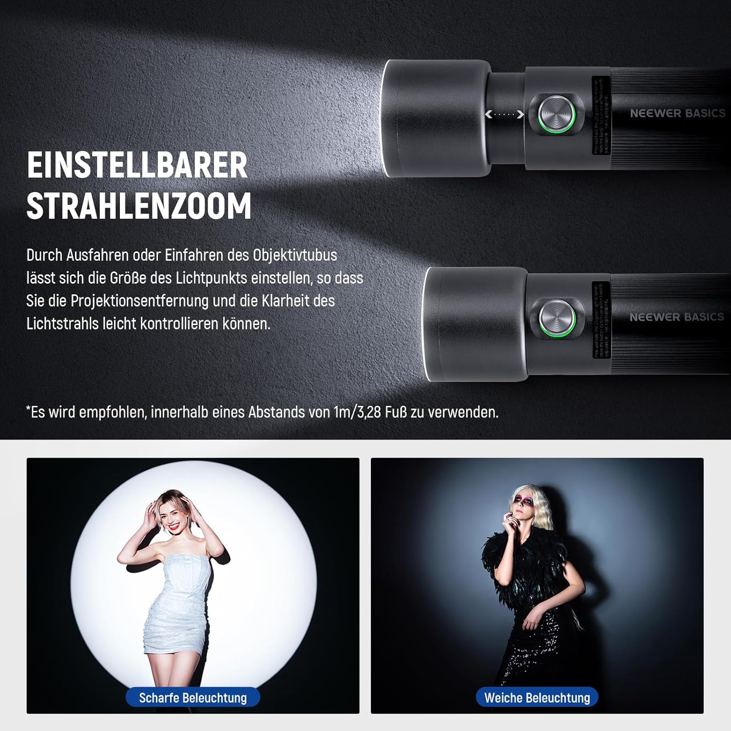 Detalle 2 de NEEWER BASICS RGB Fotografie Taschenlampe mit Tischstativ – 4 Farben, 20 Gobo-Filter, 7500mAh, 10W, 6300K CRI95+