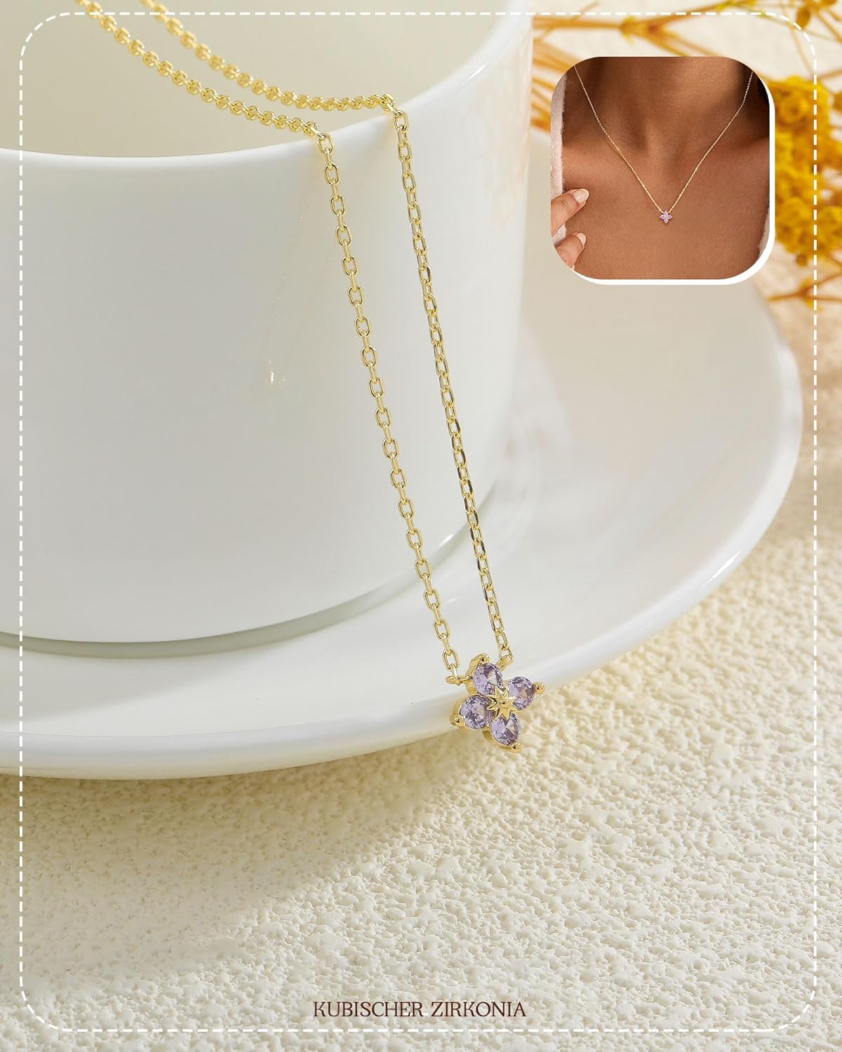 Thumbnail 5 de ZHESHY Collier Femme Or Plaqué 14K avec Trefle à 4 Feuilles et Zircone Cubique