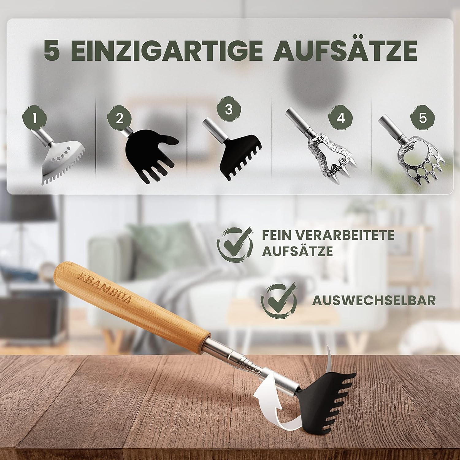 Detalle 2 de BAMBUA Rückenkratzer Ausziehbar 5 Aufsätze 🪵
