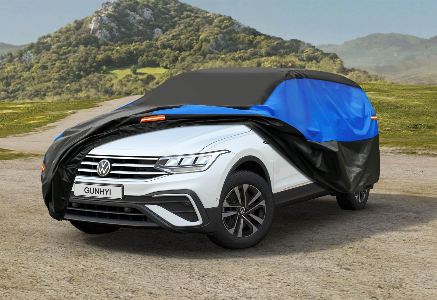 Detalle de GUNHYI Telo Copriauto Impermeabile e Traspirante per VW Tiguan Allspace — Protezione completa 4 stagioni in nero/blu