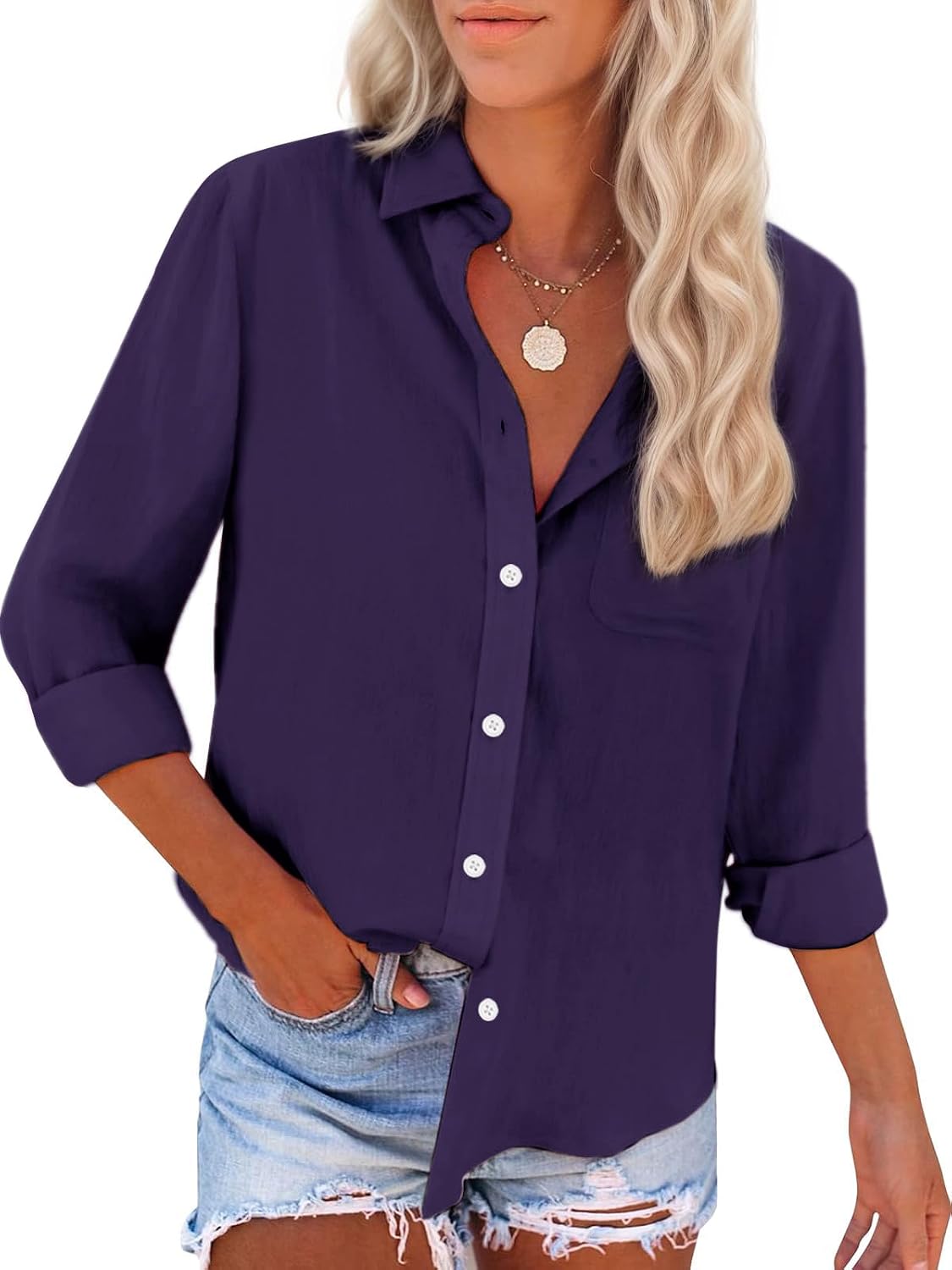 Detalle de Mutitop Cotton Oxford Button-Down Shirt for Women, Long Sleeve with Pocket