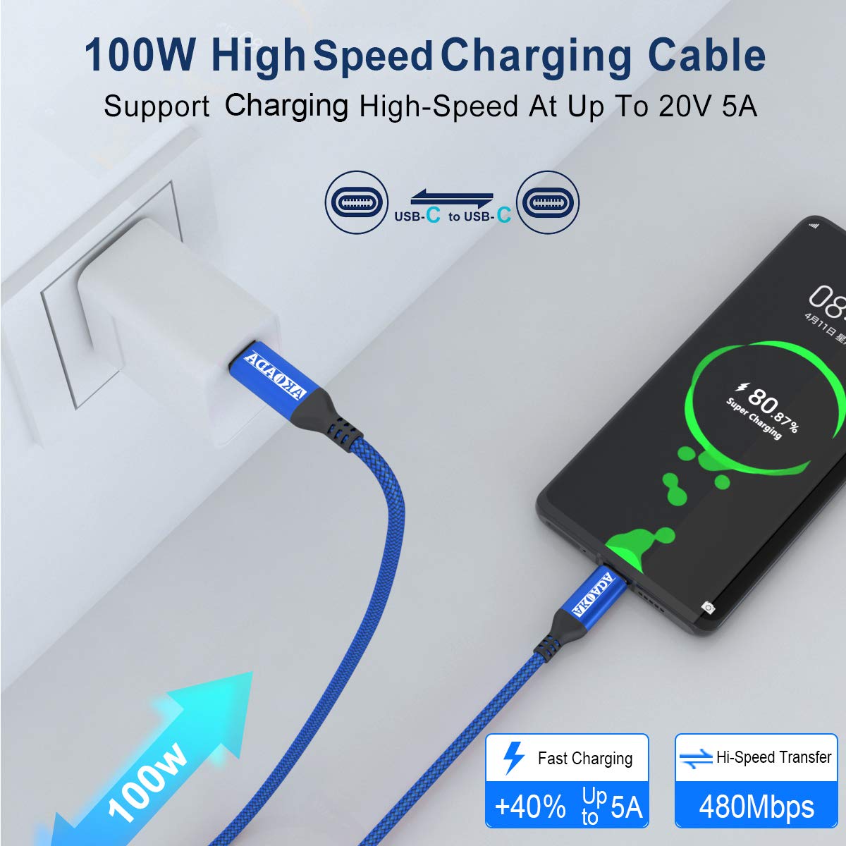 Thumbnail 4 de AkoaDa 100W USB‑C to USB‑C Fast Charging Cable (10ft) Nylon Braided