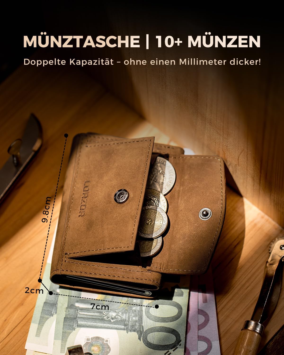 Detalle 2 de LORZOR Slim Wallet XXl Münzfach 10+ Karten