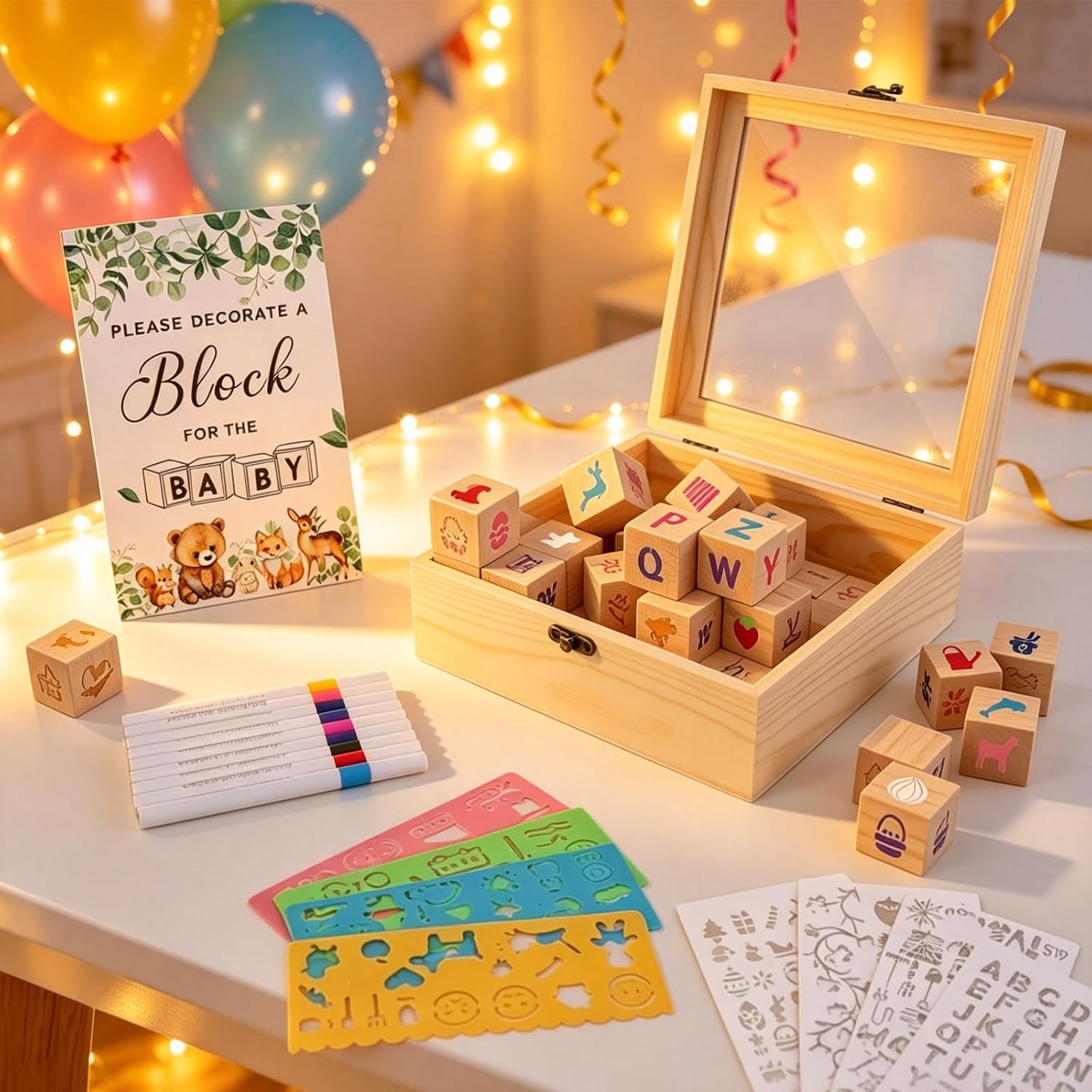 Thumbnail 4 de Babyshower-speelset met 52 houten blokjes, 24 acrylstiften en sjablonen