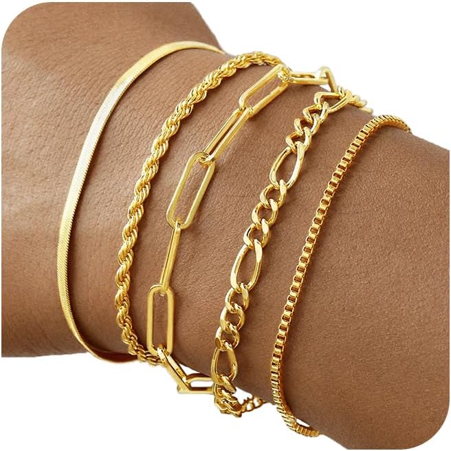 Thumbnail 6 de Striviio Gold Bracelets for Women (14K Gold Plated) 5-Piece Stack Set